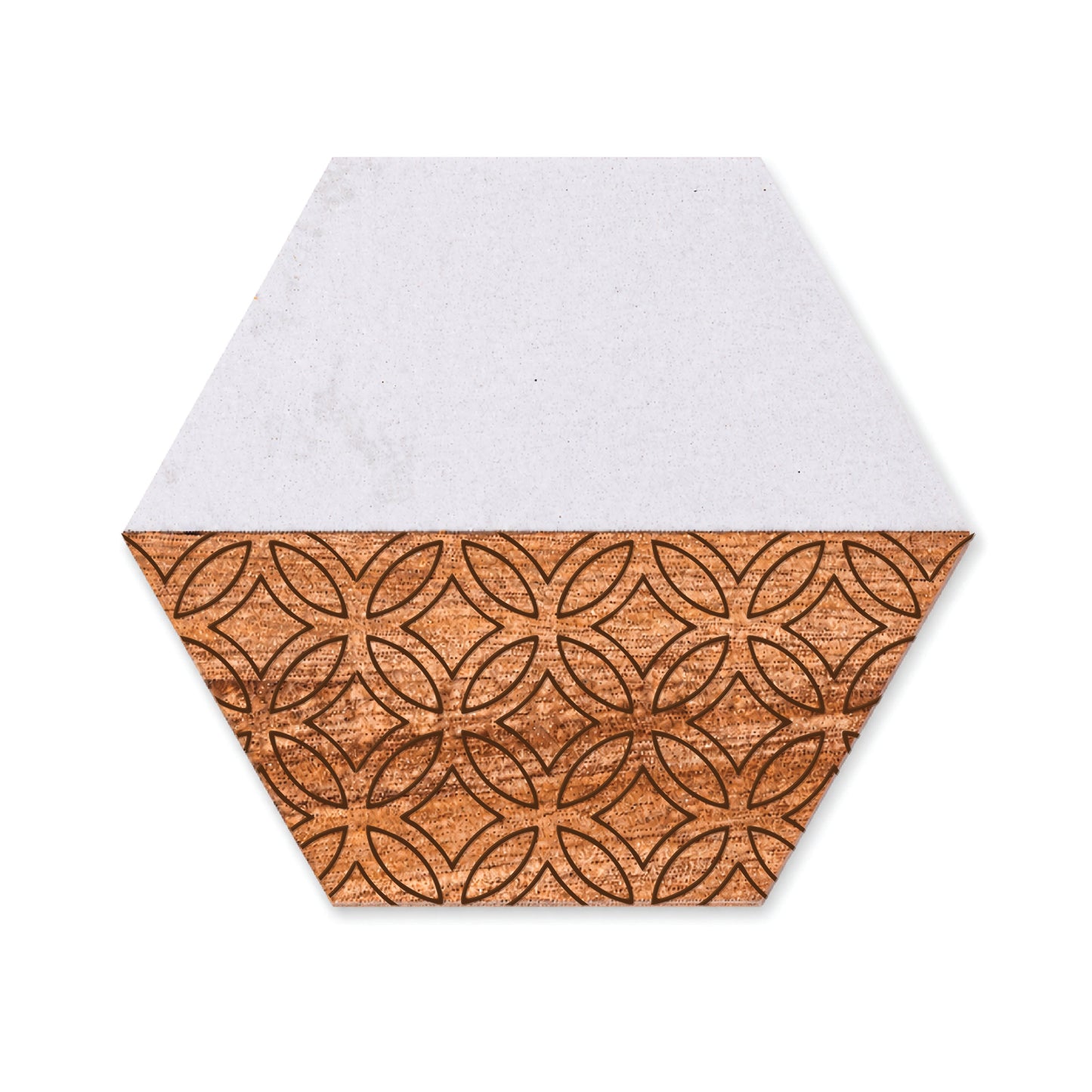 Single hexagon marble and acacia wood coaster shown on a white background, featuring a geometric engraved pattern on the wood half and a smooth white marble half.