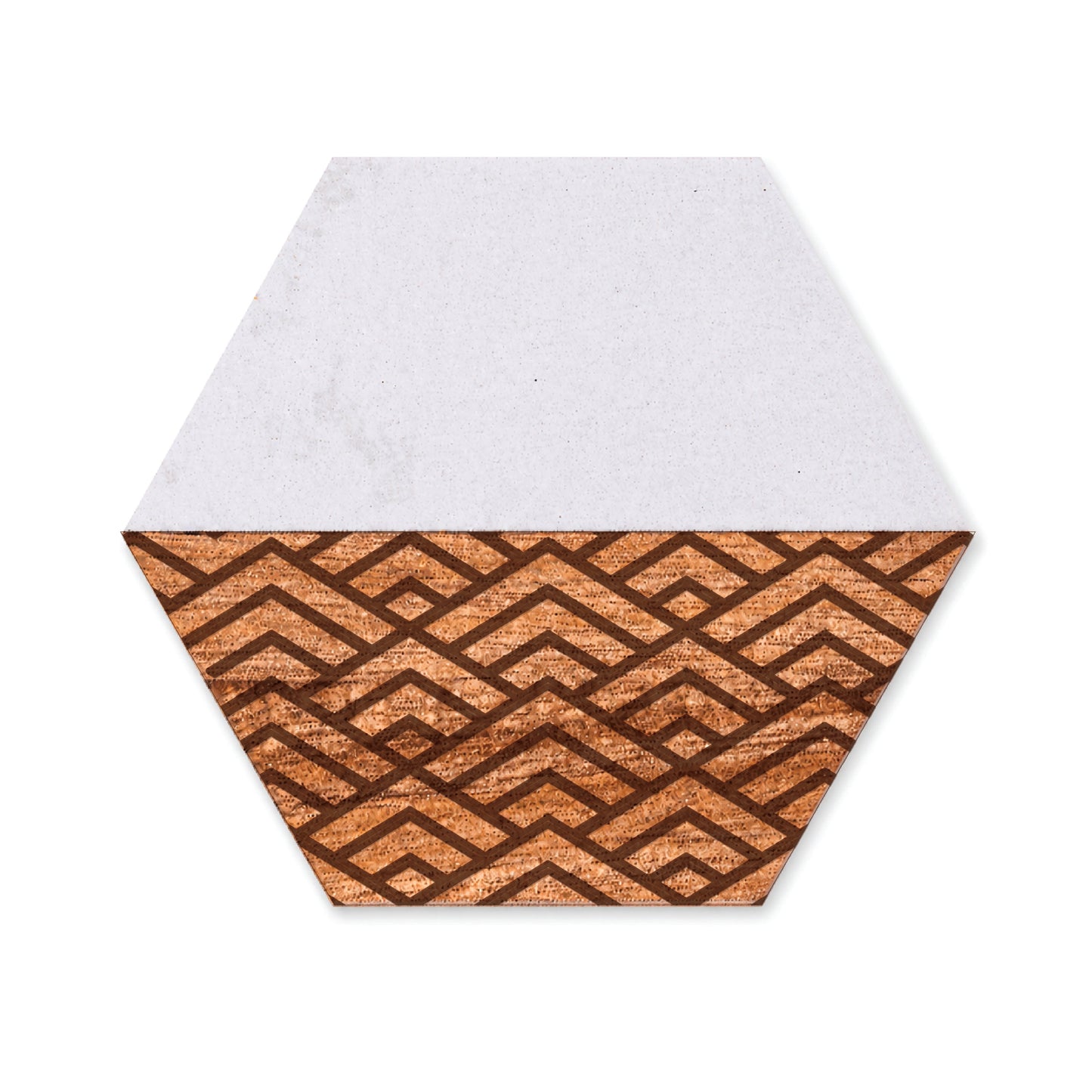Hexagon faux marble and acacia wood coaster featuring a geometric peaks pattern engraved into the wood section on a white background.