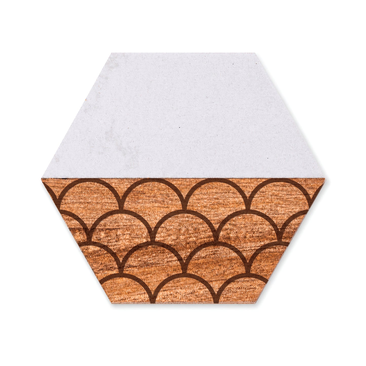 Scallop Pattern Faux Marble and Acacia Wood Hexagon Coaster with geometric fan-inspired design and white faux marble accent.