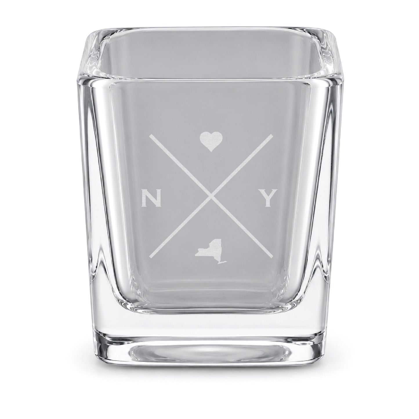 Clear engraved New York shot glass featuring a minimalist crossed-line design with heart detail and New York silhouette on a clean light background.