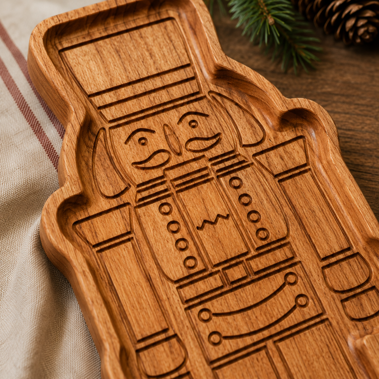 Close-up detail of a cherry hardwood nutcracker snack tray showing engraved facial details and carved compartments with festive greenery in the background.