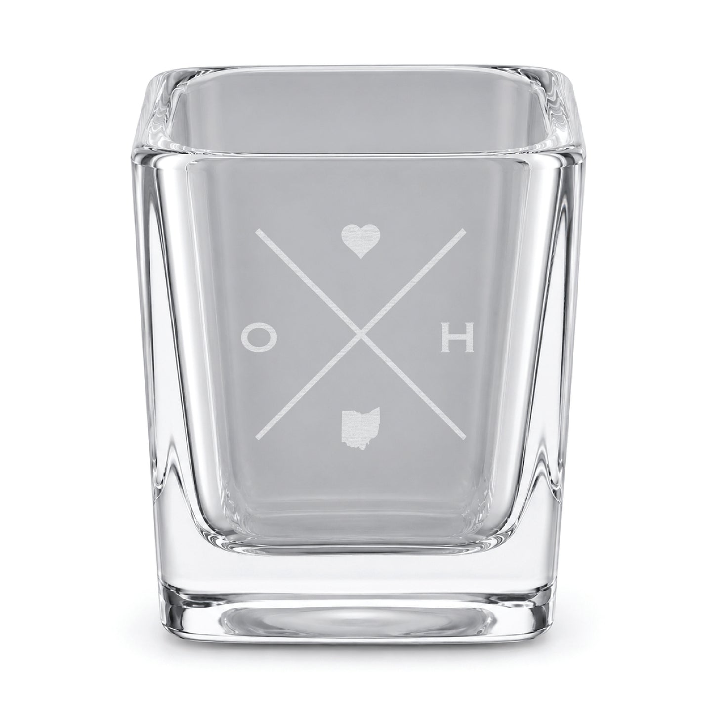 Clear engraved Ohio shot glass featuring a minimalist crossed-line design with heart detail and Ohio silhouette on a clean light background.