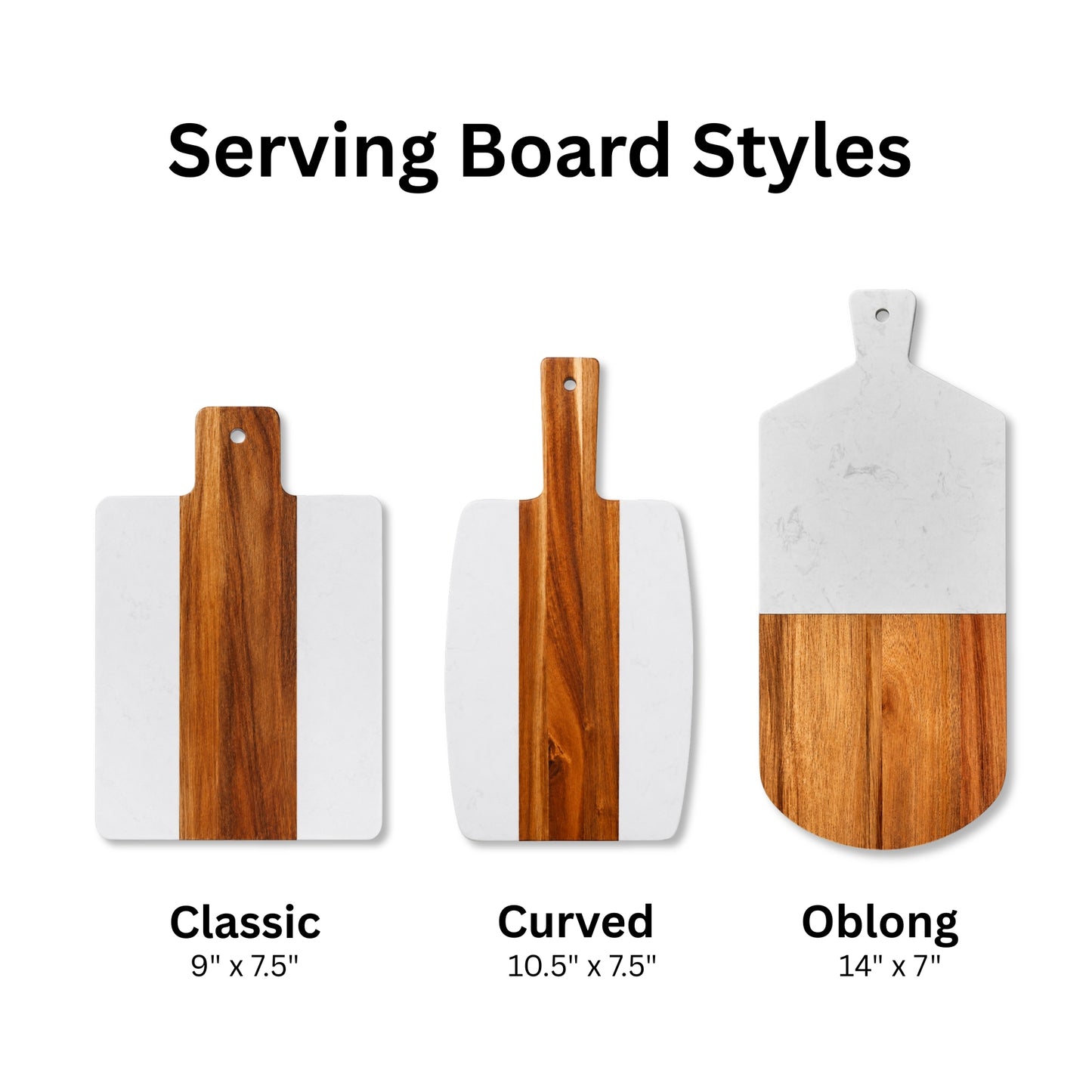 Comparison of three marble serving board styles: Classic (9 x 7.5 inches), Curved (10.5 x 7.5 inches), and Oblong (14 x 7 inches).