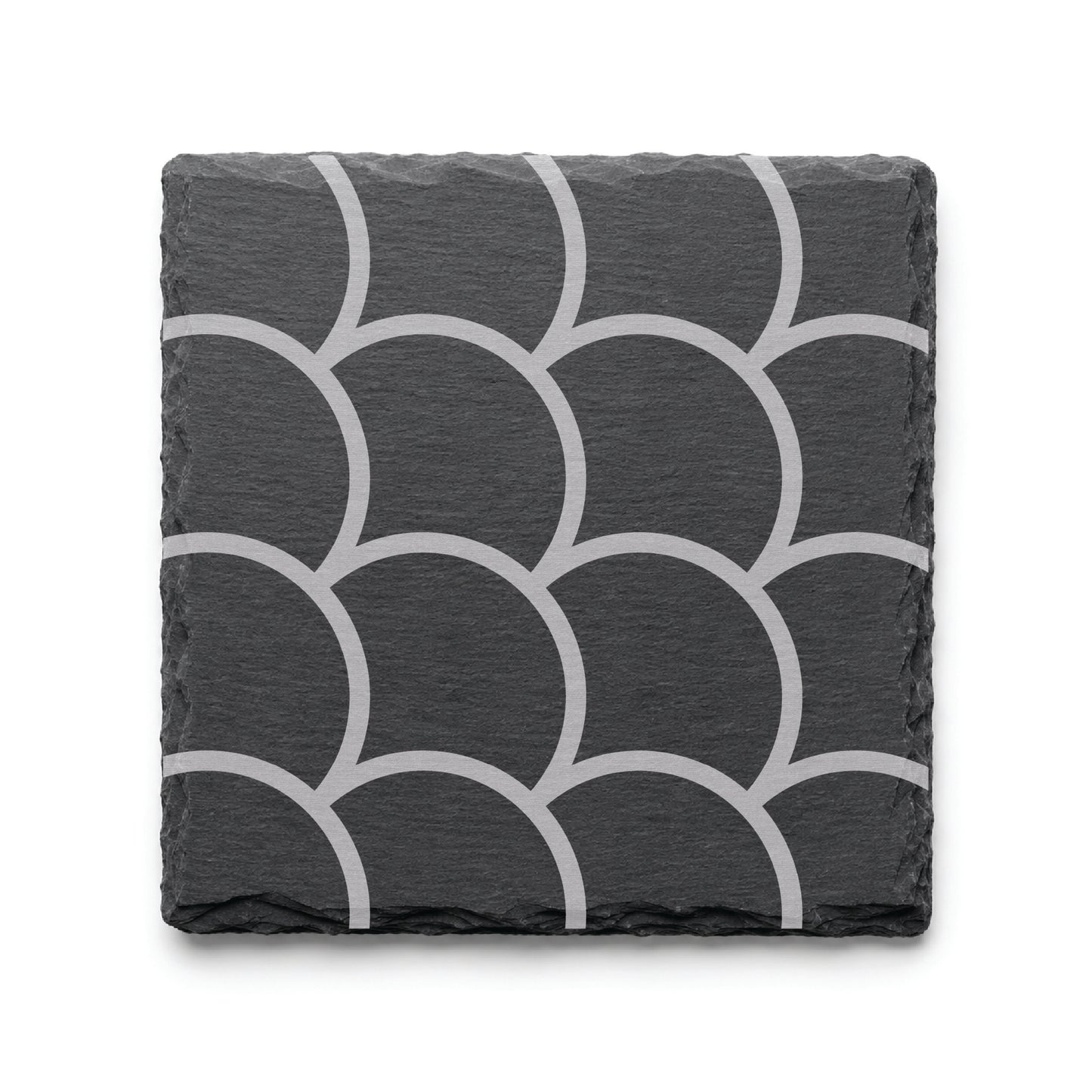 Scallop Pattern engraved slate coaster featuring a modern scalloped geometric design on natural black slate.