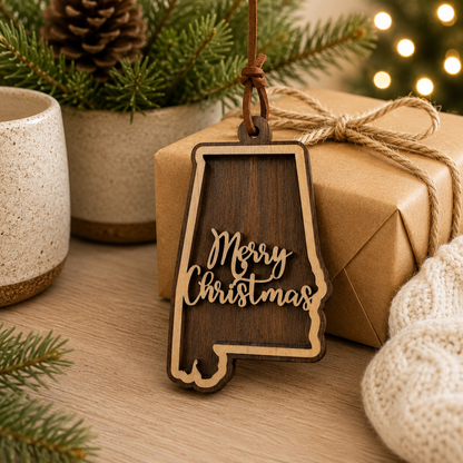 Wooden 'Merry Christmas' ornament in the shape of Alabama on a wrapped gift with festive background