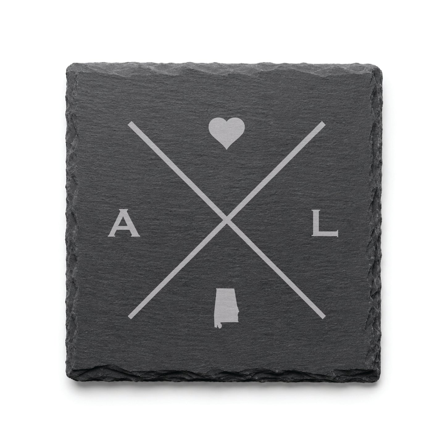 Engraved Alabama slate coaster featuring a minimalist crossed-line design with heart detail and Alabama silhouette on a clean light background.