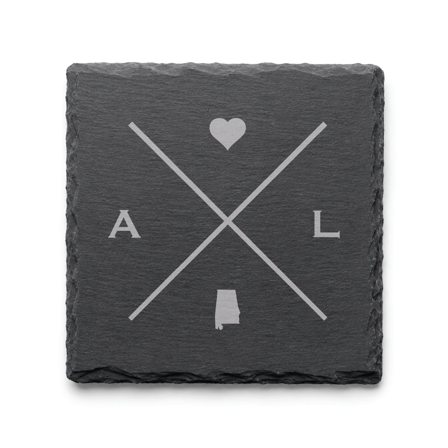 Engraved Alabama slate coaster featuring a minimalist crossed-line design with heart detail and Alabama silhouette on a clean light background.