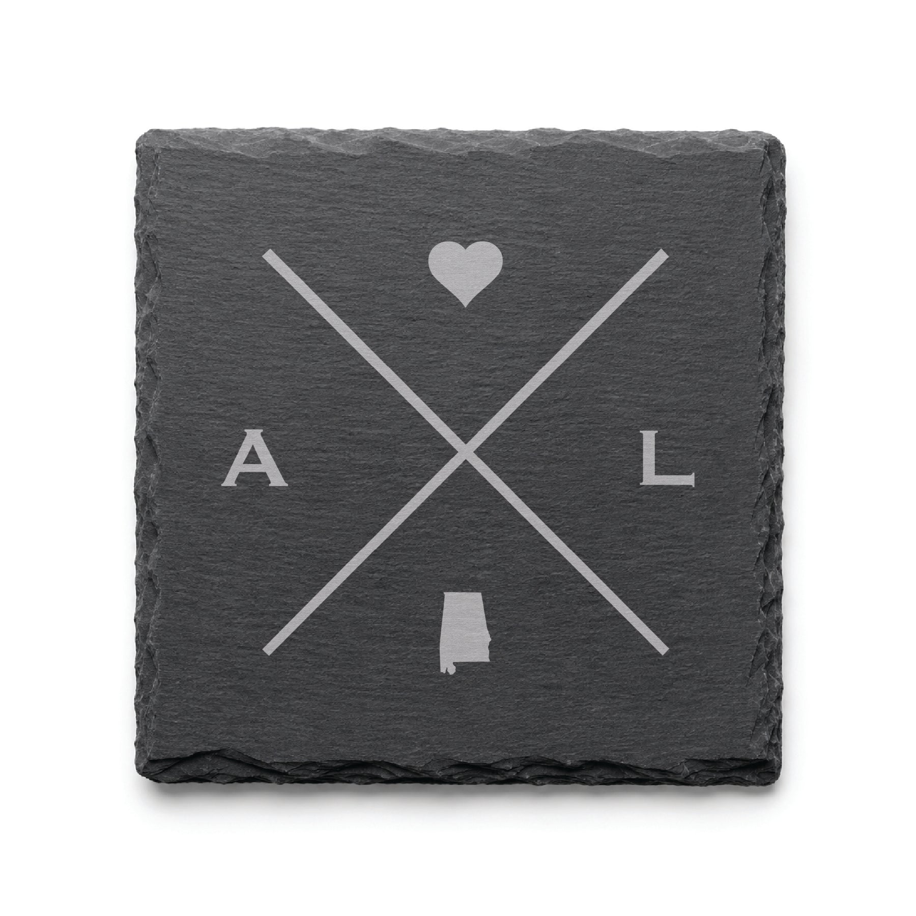 Engraved Alabama slate coaster featuring a minimalist crossed-line design with heart detail and Alabama silhouette on a clean light background.