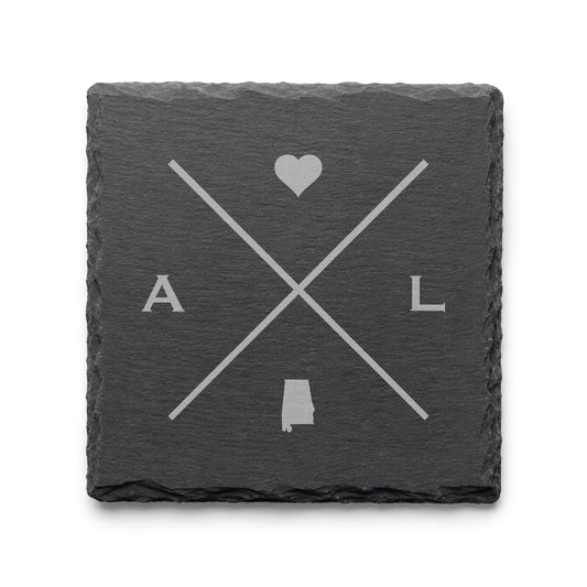 Engraved Alabama slate coaster featuring a minimalist crossed-line design with heart detail and Alabama silhouette on a clean light background.