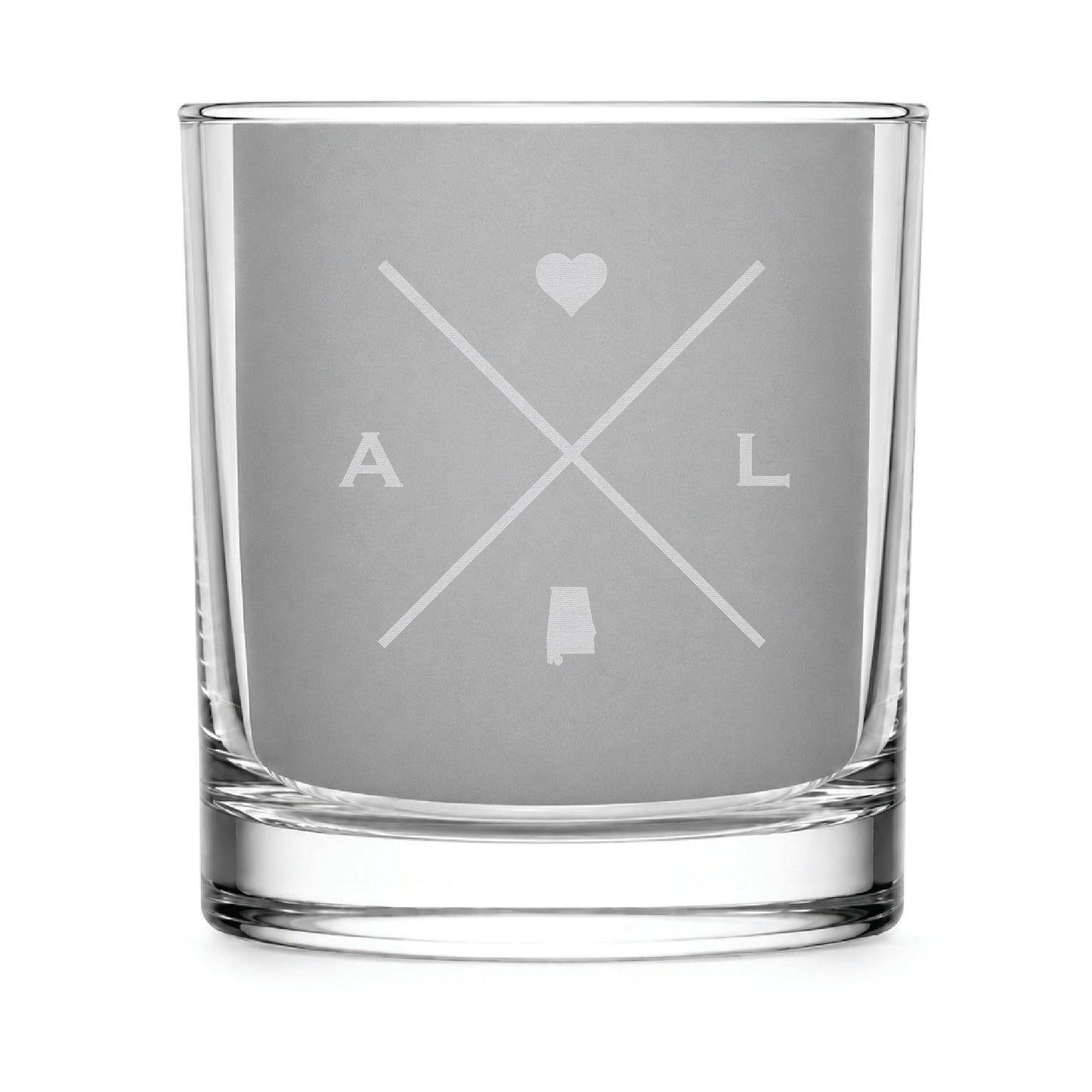 Clear engraved rocks glass featuring a minimalist crossed-line Alabama design with monogram initials, heart icon, and Alabama silhouette on a clean light background.