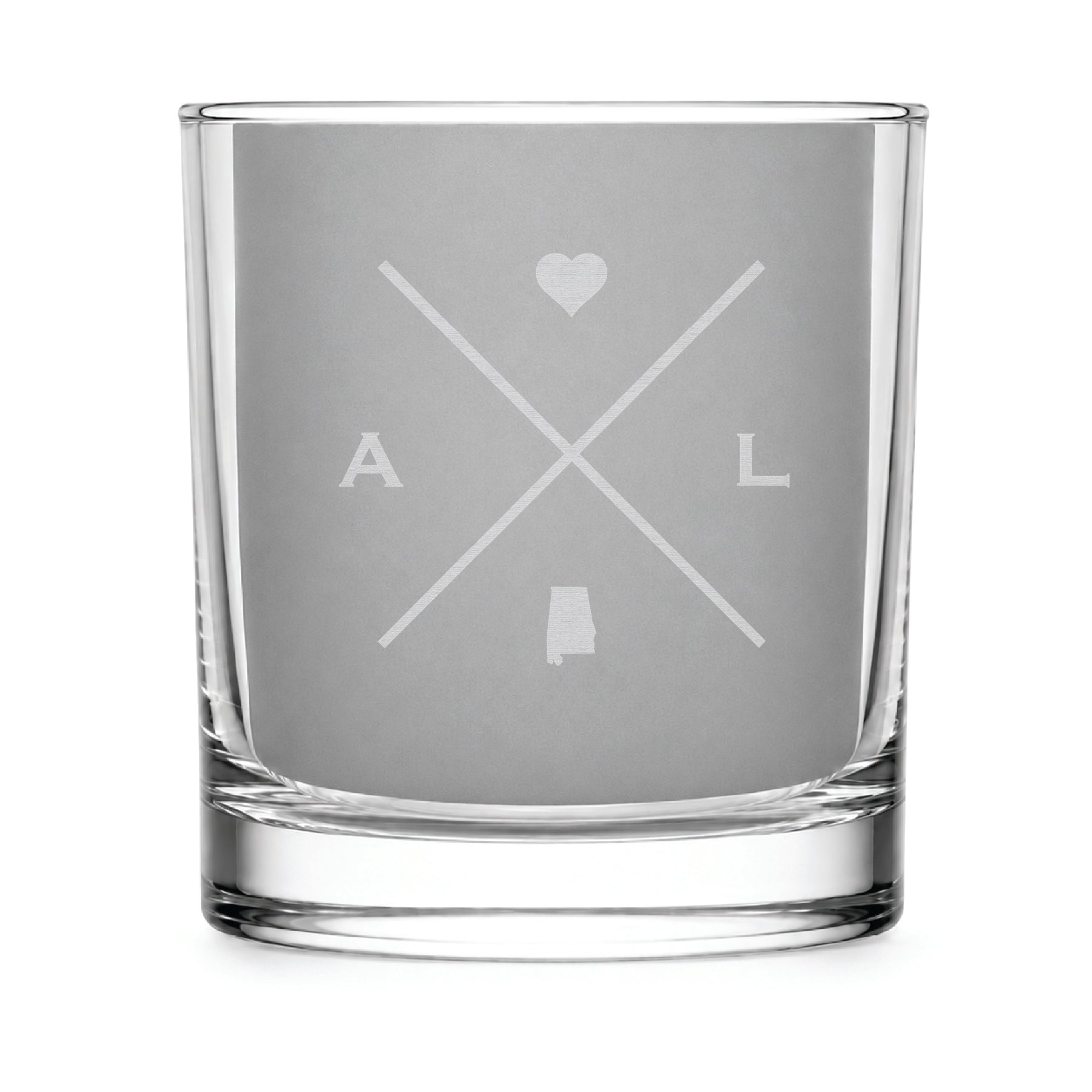Clear engraved rocks glass featuring a minimalist crossed-line Alabama design with monogram initials, heart icon, and Alabama silhouette on a clean light background.