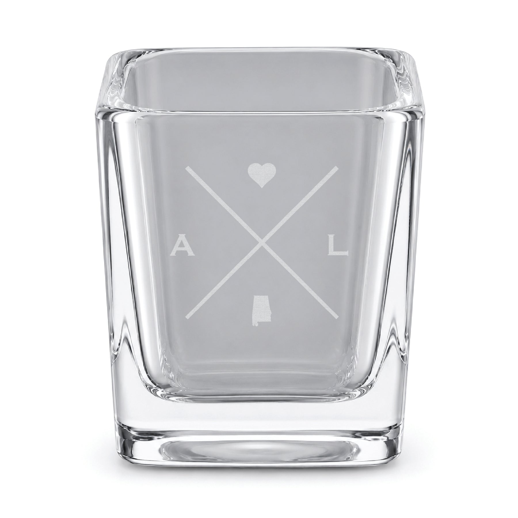 Clear engraved Alabama shot glass featuring a minimalist crossed-line design with heart detail and Alabama silhouette on a clean light background.