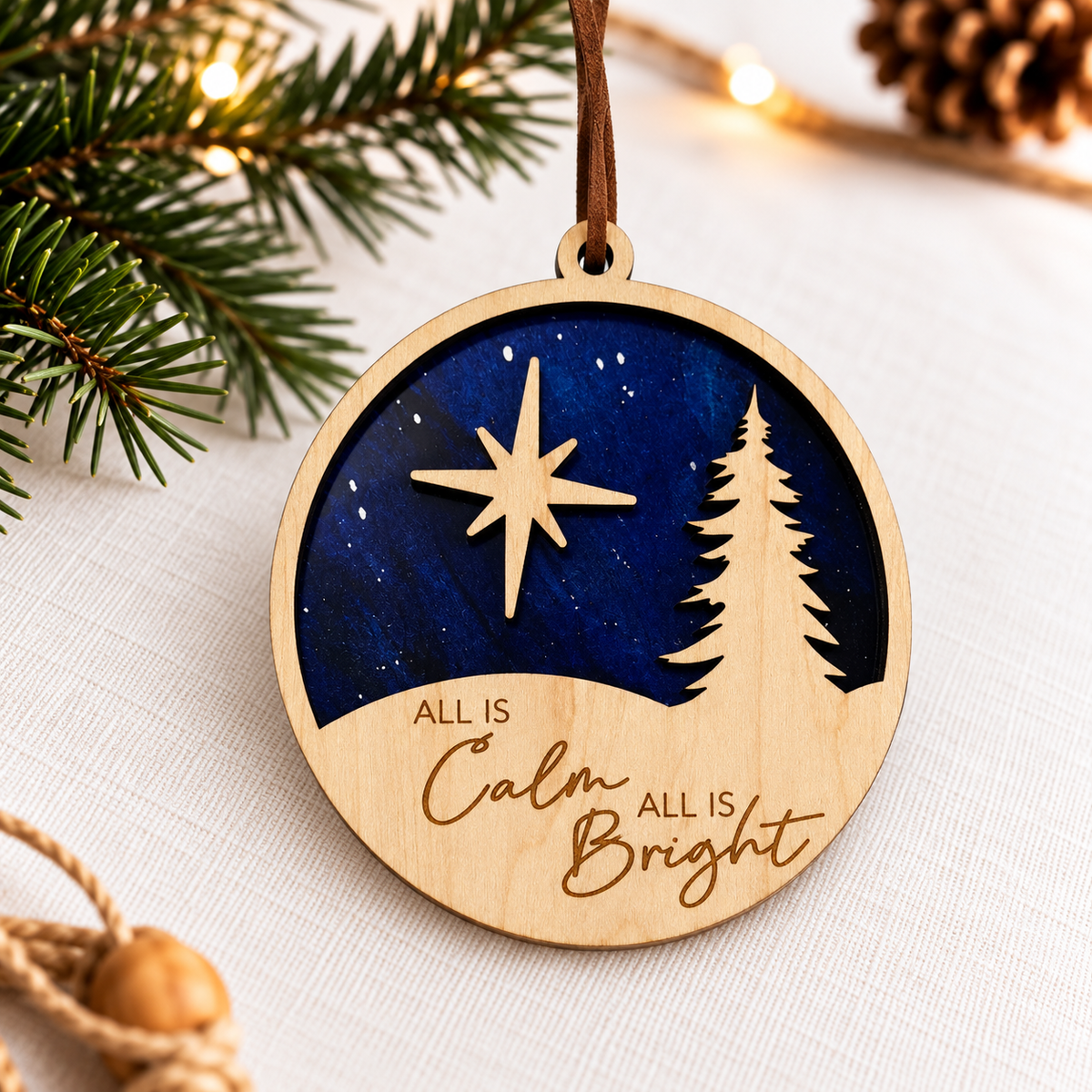 A round wooden Christmas ornament with a laser-engraved design of a starry night sky, pine tree, and the phrase 'ALL IS Calm ALL IS Bright,' hanging by a brown ribbon on a light fabric surface with pine branches and warm lights in the background.
