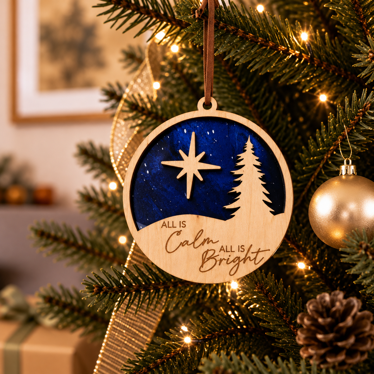 A round wooden Christmas ornament hanging on a decorated tree. The ornament has a natural wood border and a dark blue center with a star and tree silhouette, plus the phrase “ALL IS Calm ALL IS Bright” in brown script.