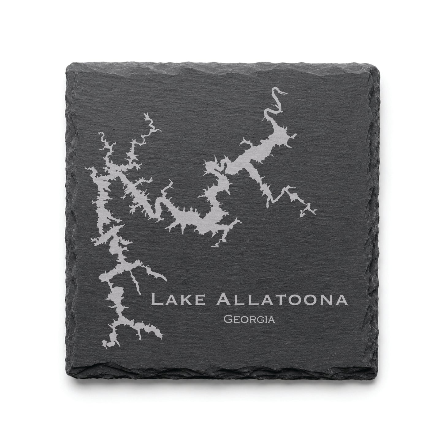 Engraved Lake Allatoona slate coaster featuring a detailed lake map design with Georgia text on a clean light background.