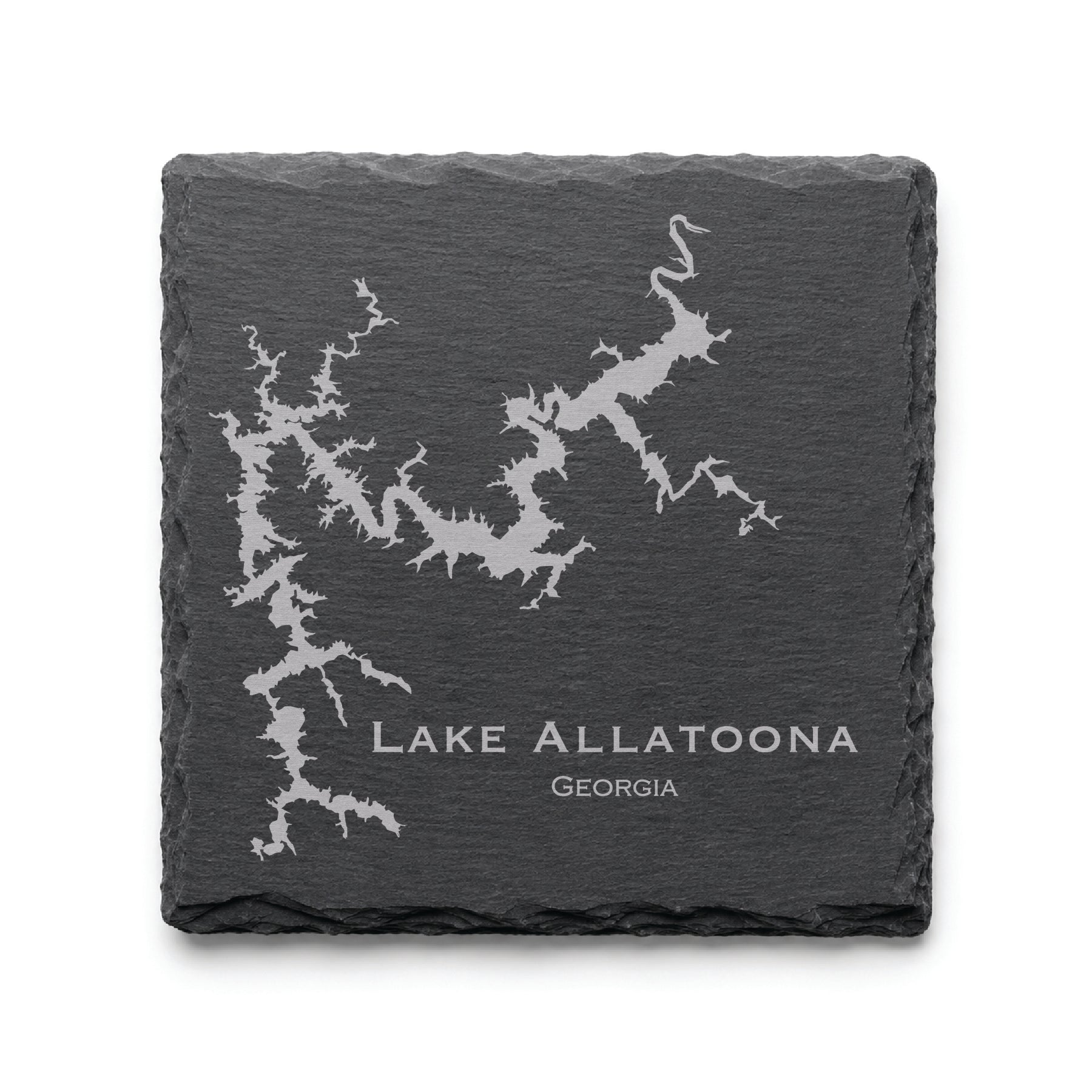 Engraved Lake Allatoona slate coaster featuring a detailed lake map design with Georgia text on a clean light background.