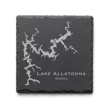 Engraved Lake Allatoona slate coaster featuring a detailed lake map design with Georgia text on a clean light background.