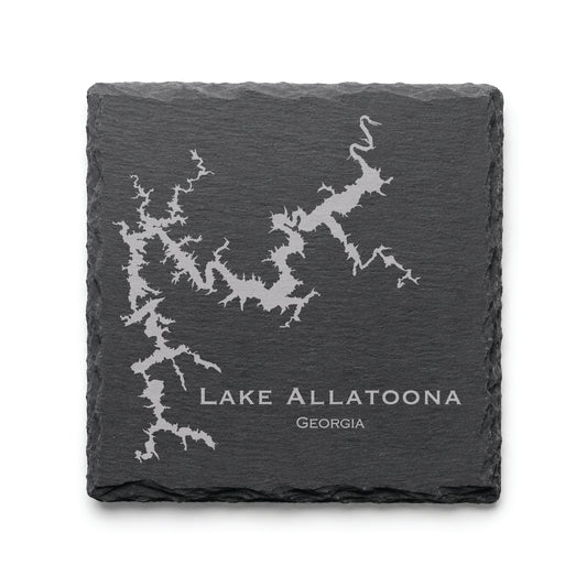 Engraved Lake Allatoona slate coaster featuring a detailed lake map design with Georgia text on a clean light background.