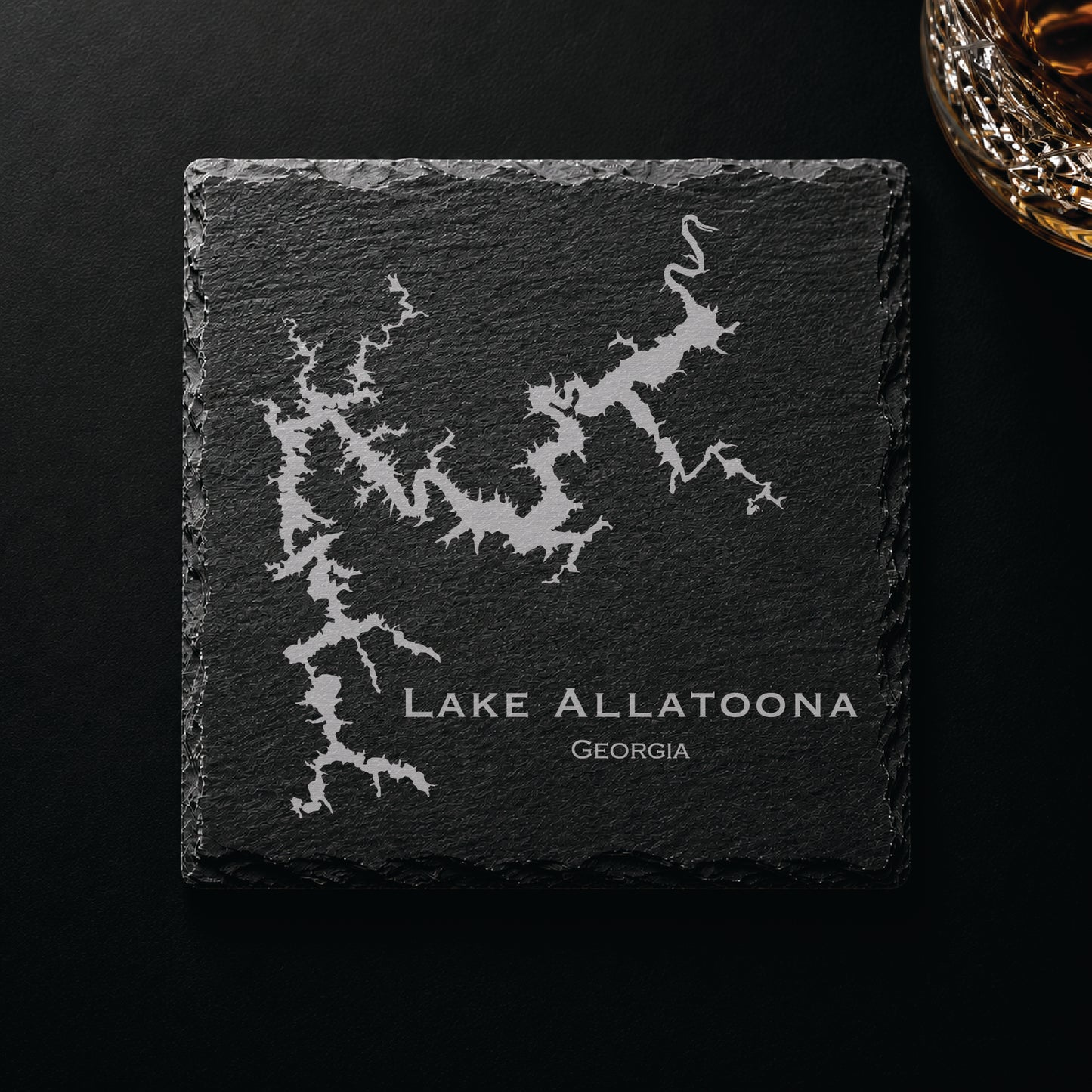 Dark slate coaster engraved with a detailed Lake Allatoona map and Georgia text on a dark background.