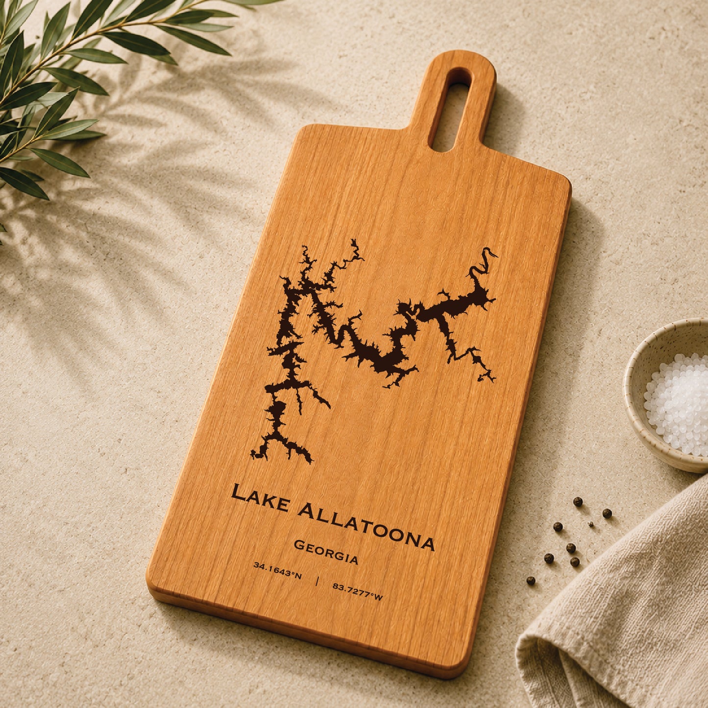 Lake Allatoona cherry serving board with engraved Georgia lake map styled with kitchen accents