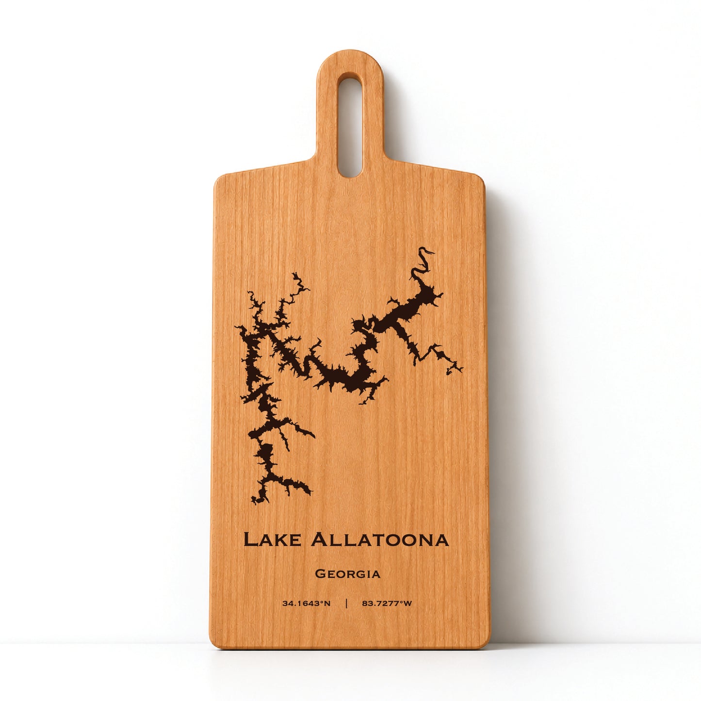 Minimal cherry wood serving board featuring engraved Lake Allatoona shoreline and coordinates