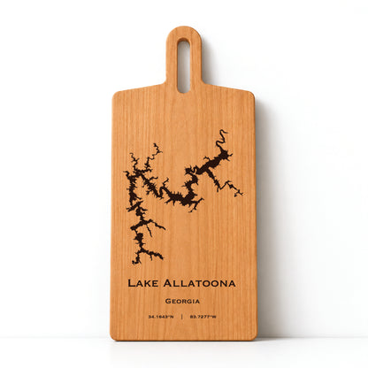 Minimal cherry wood serving board featuring engraved Lake Allatoona shoreline and coordinates