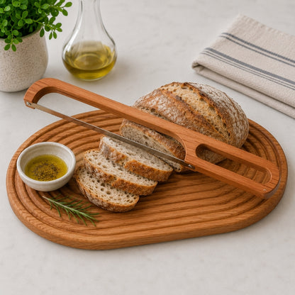 Cherry bow knife lifestyle photo with fluted Cherry bread board, artisan loaf, sliced bread, olive oil bowl, and neutral linen styling.