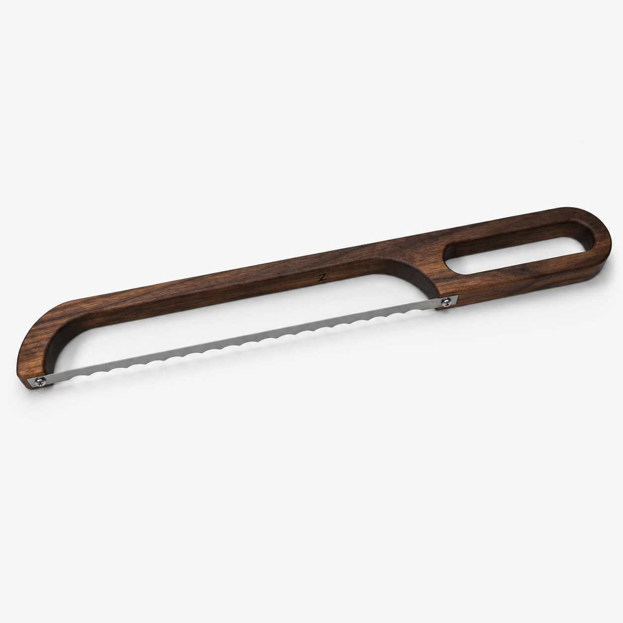 Walnut hardwood bread bow knife photographed at an angle on a white background showing the full open-frame handle and serrated stainless steel blade.