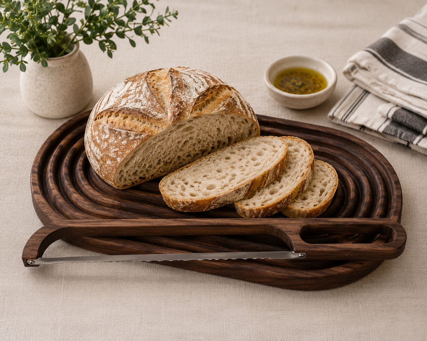 Walnut bow knife lifestyle photo with fluted walnut bread board, artisan loaf, sliced bread, olive oil bowl, and neutral linen styling.