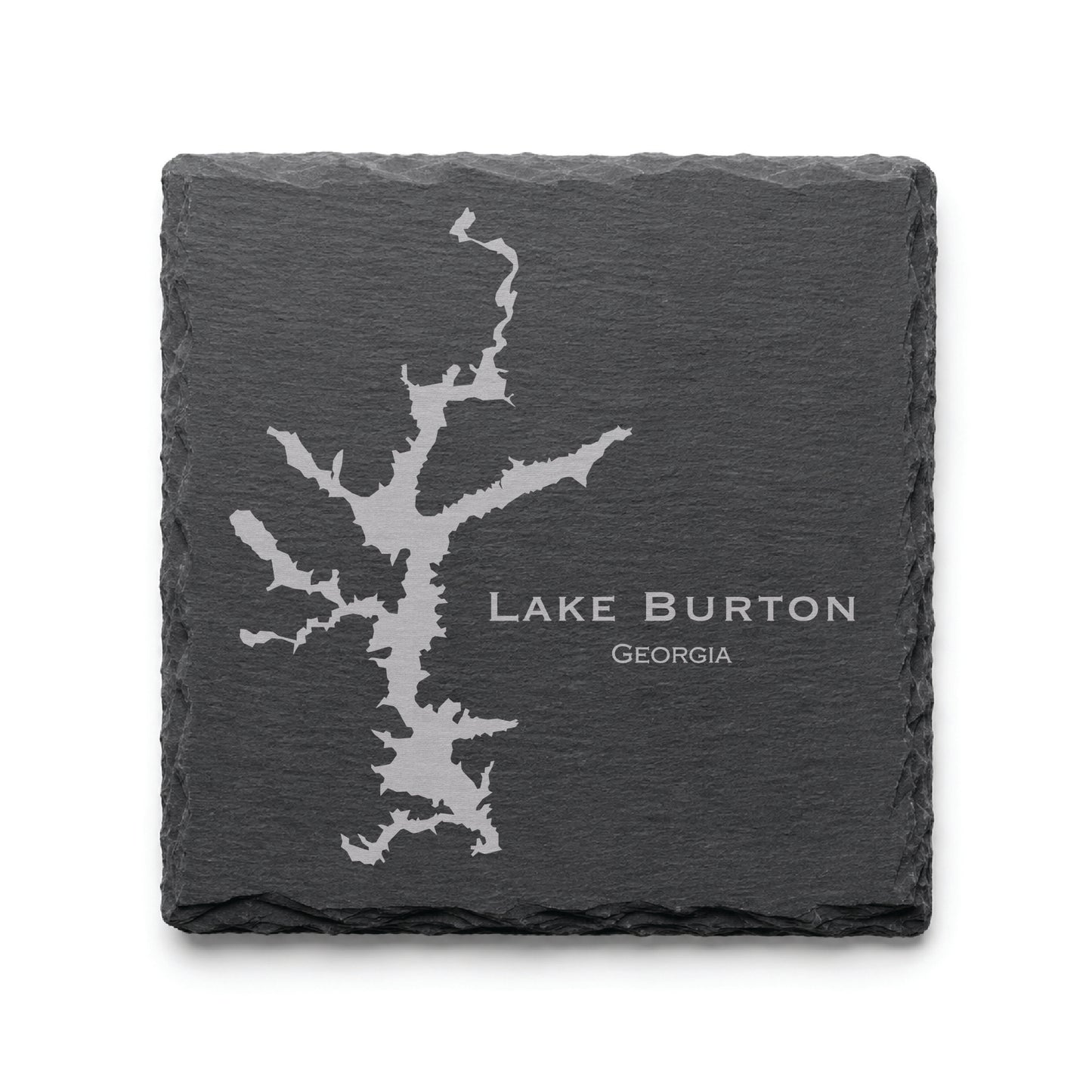 Engraved Lake Burton slate coaster featuring a detailed lake map design with Georgia text on a clean light background.