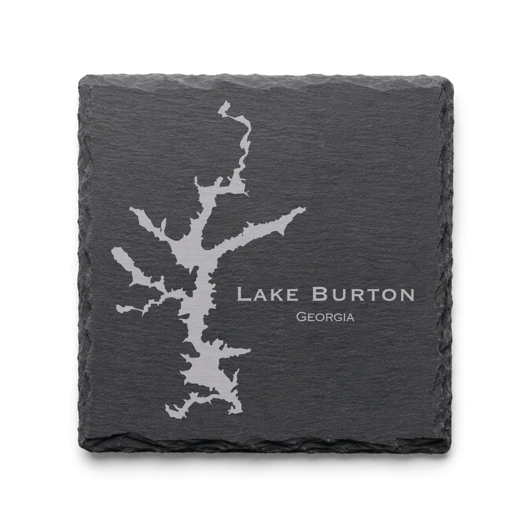 Engraved Lake Burton slate coaster featuring a detailed lake map design with Georgia text on a clean light background.