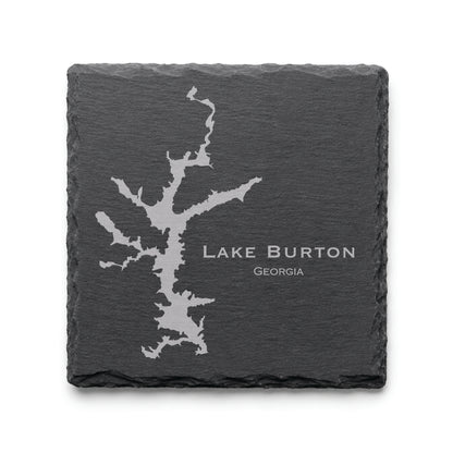 Engraved Lake Burton slate coaster featuring a detailed lake map design with Georgia text on a clean light background.