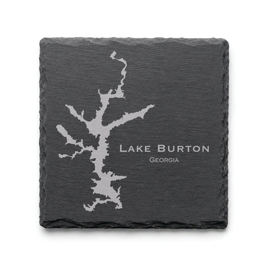 Engraved Lake Burton slate coaster featuring a detailed lake map design with Georgia text on a clean light background.