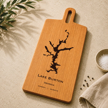 Lake Burton cherry serving board with engraved Georgia lake map styled with kitchen accents