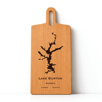 Minimal cherry wood serving board featuring engraved Lake Burton shoreline and coordinates