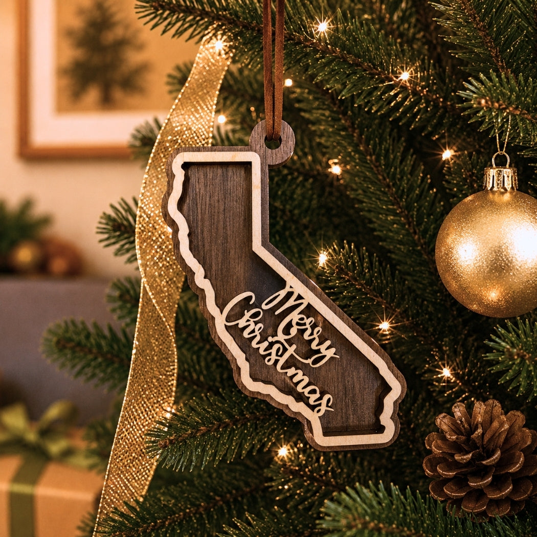 Wooden ornament shaped like California with 'Merry Christmas' text hanging on a decorated Christmas tree.