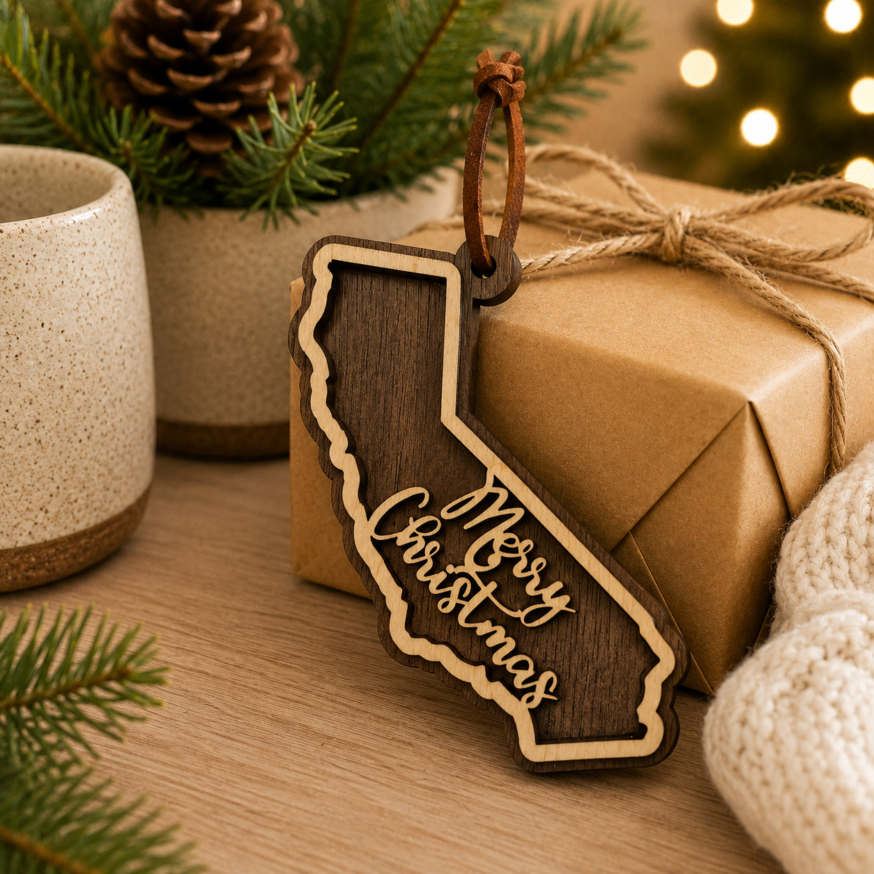 Wooden 'Merry Christmas' ornament in the shape of California on a wrapped gift with festive decorations.