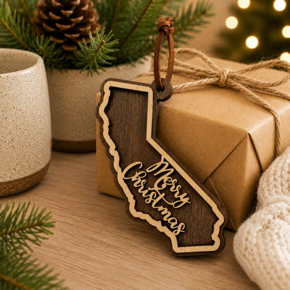 Wooden 'Merry Christmas' ornament in the shape of California on a wrapped gift with festive decorations.