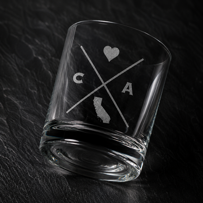 Angled engraved California whiskey glass featuring frosted California silhouette and modern crossed-letter design on a dark textured surface.