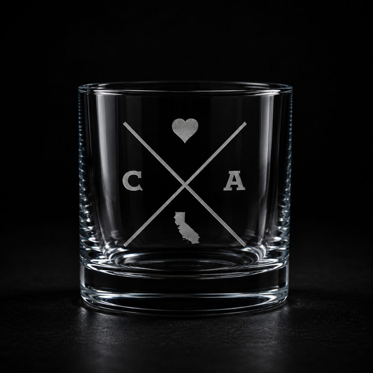 Engraved California rocks glass with frosted California silhouette and crossed-letter monogram on a dark background.