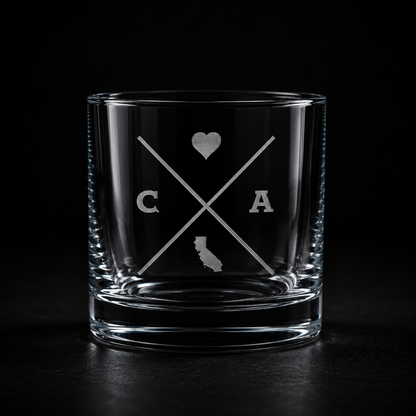Engraved California rocks glass with frosted California silhouette and crossed-letter monogram on a dark background.