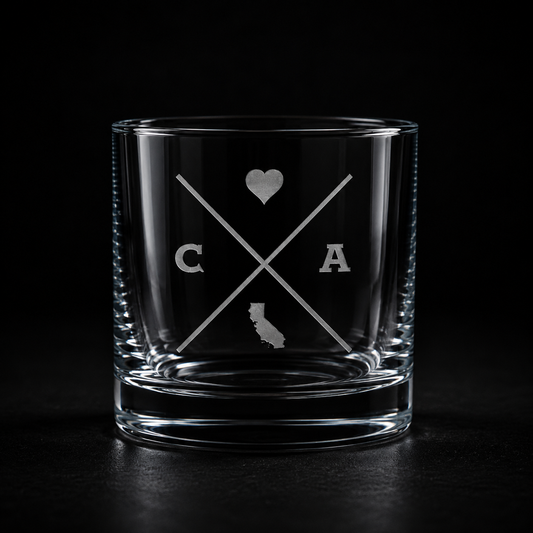 Engraved California rocks glass with frosted California silhouette and crossed-letter monogram on a dark background.