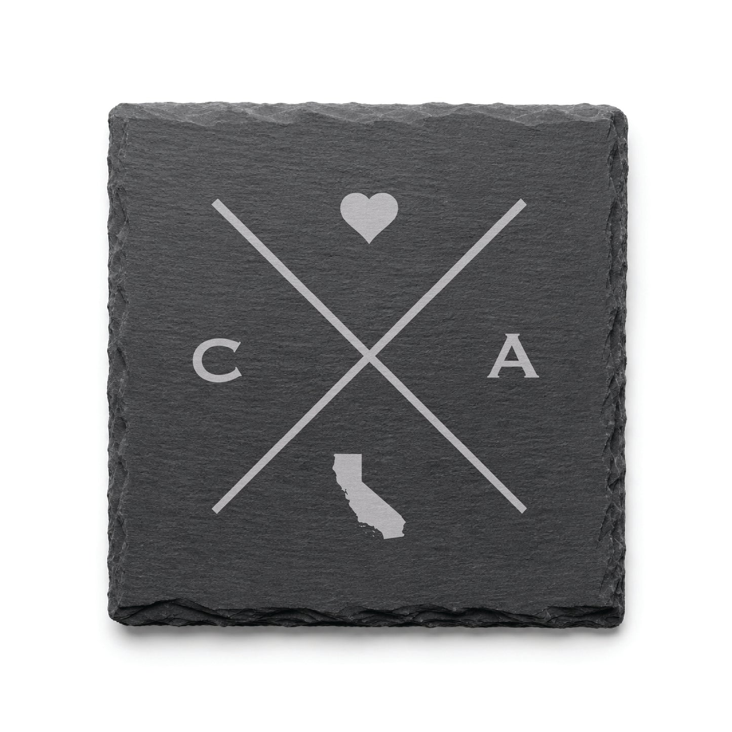 Dark slate coaster with engraved California crossed-line design, heart icon, and California silhouette on a dark background.
