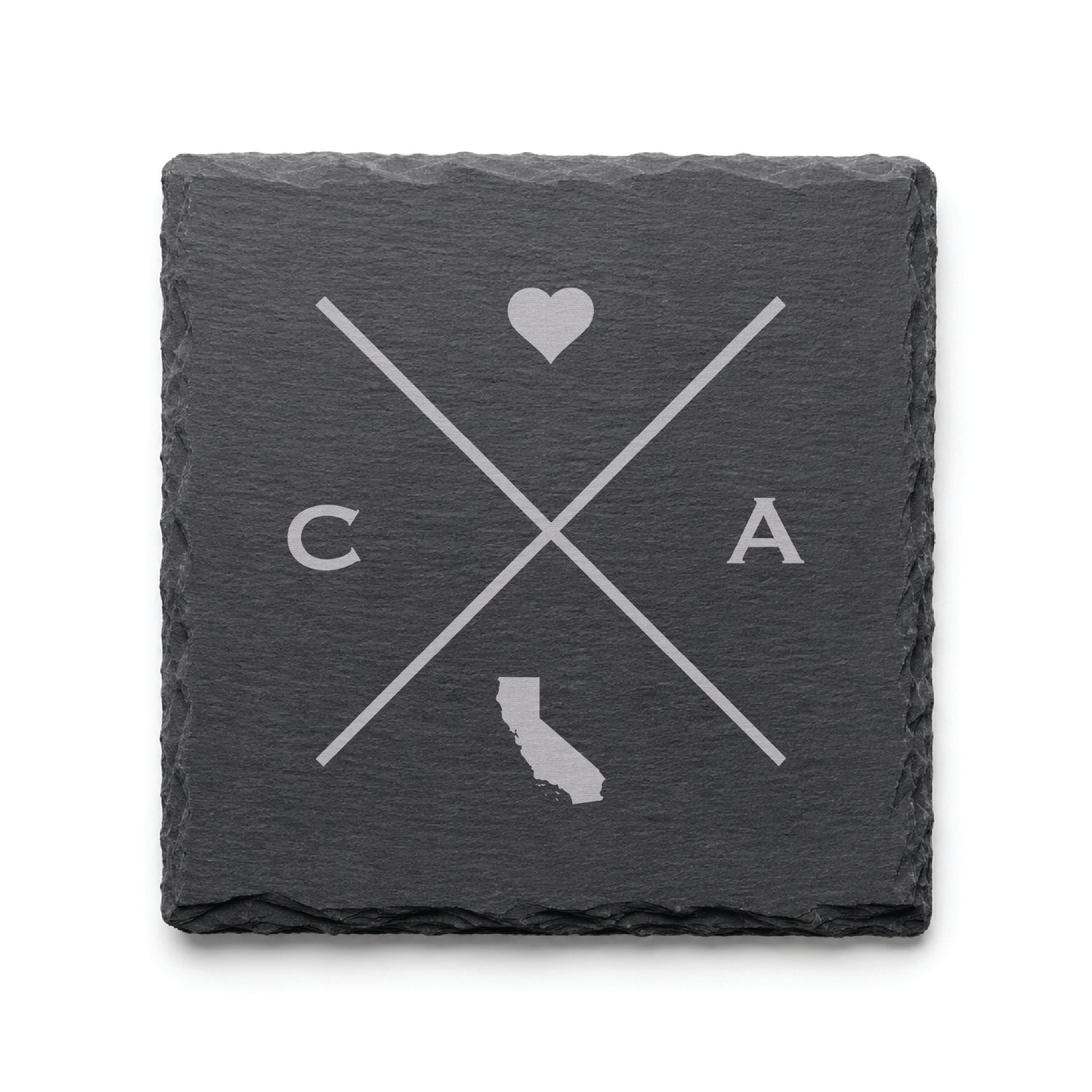 Dark slate coaster with engraved California crossed-line design, heart icon, and California silhouette on a dark background.