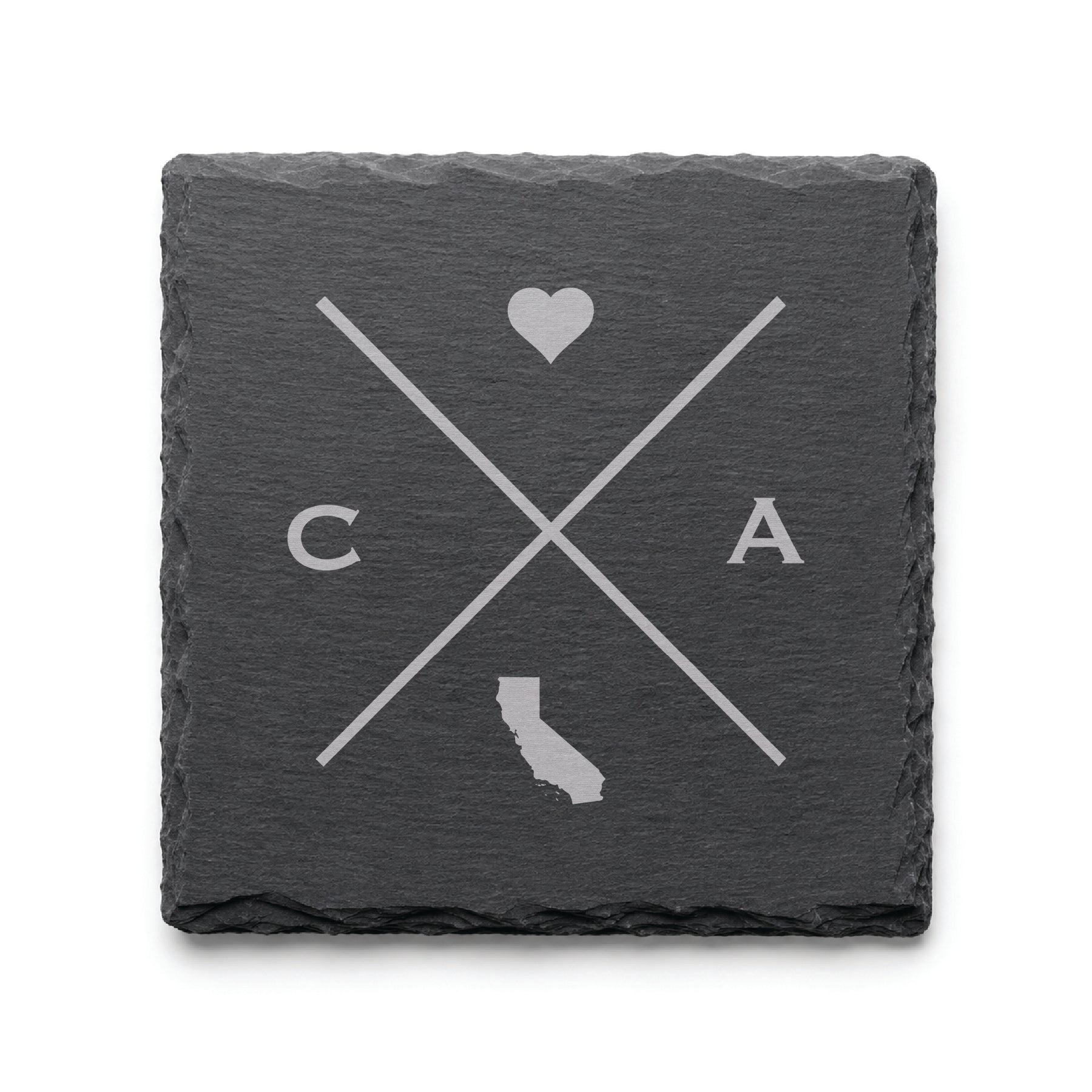 Dark slate coaster with engraved California crossed-line design, heart icon, and California silhouette on a dark background.