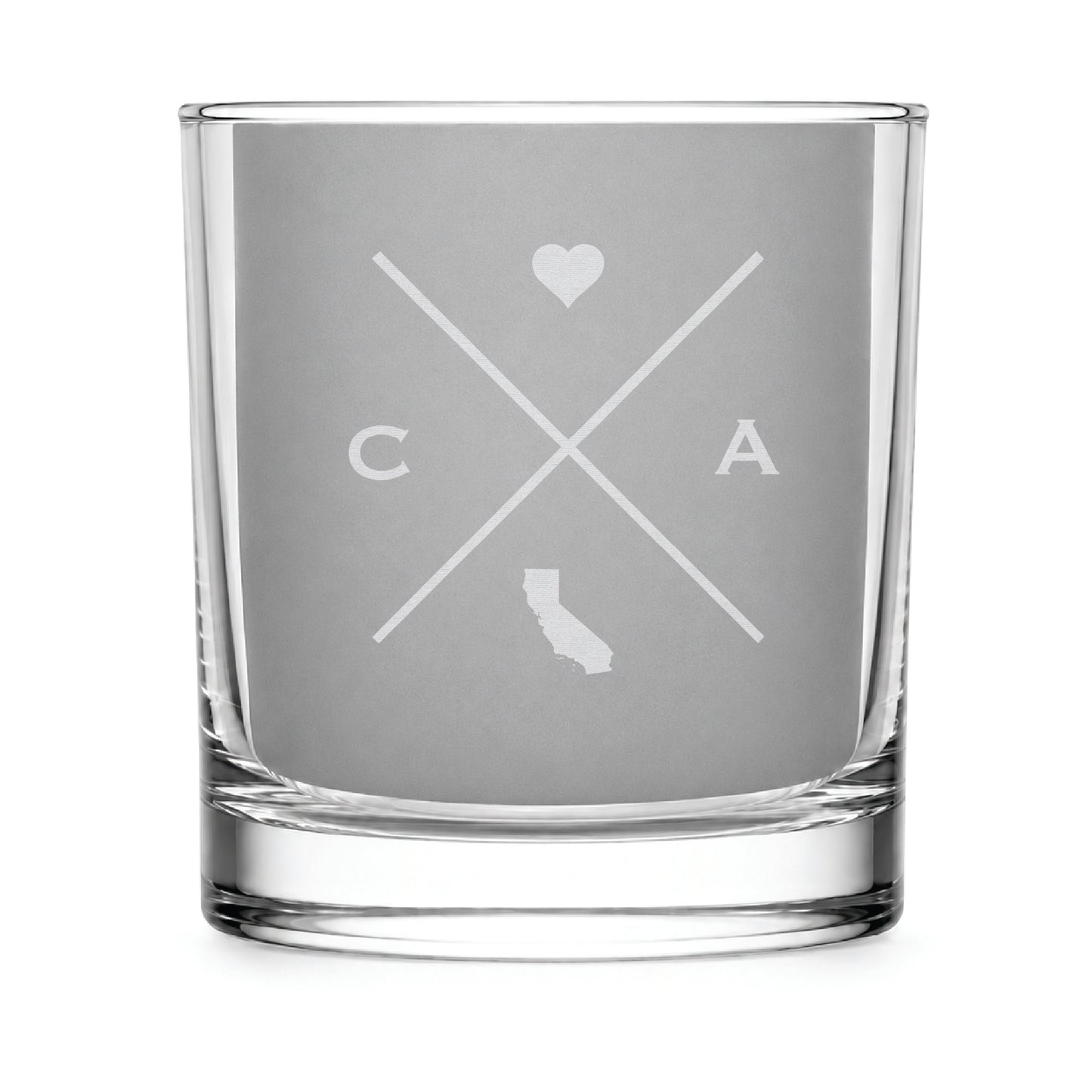 Clear engraved rocks glass featuring a minimalist crossed-line California design with monogram initials, heart icon, and California silhouette on a clean light background.