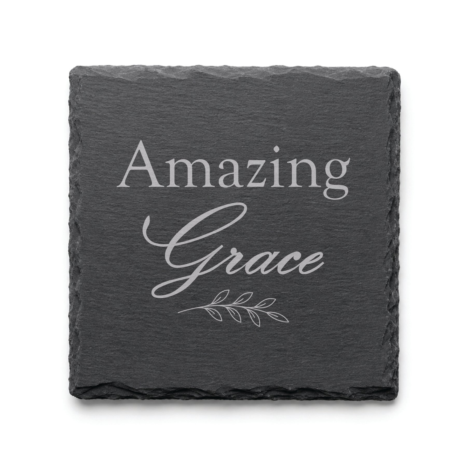 Black slate coaster engraved with the words Amazing Grace and a delicate botanical branch design.