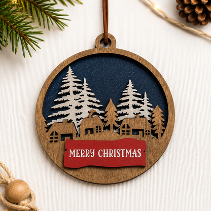 Dimensional Christmas village ornament with layered wood trees and cabins styled on a neutral fabric background