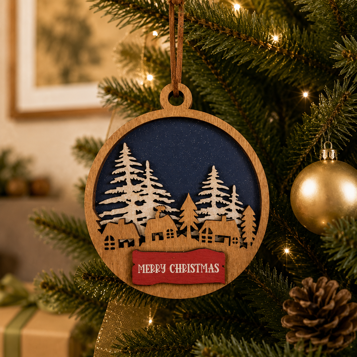 Layered woodland Christmas village ornament hanging on a decorated Christmas tree with warm holiday lights