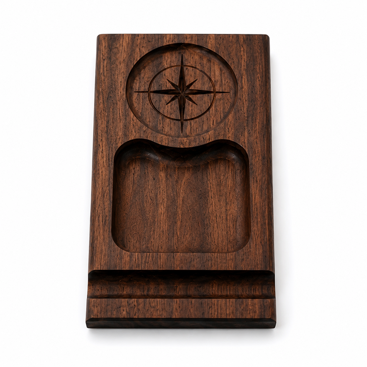 Wooden cigar tray with recesses for a rocks glass, snacks, and a cigar.  Rocks glass area is engraved with a compass design.  